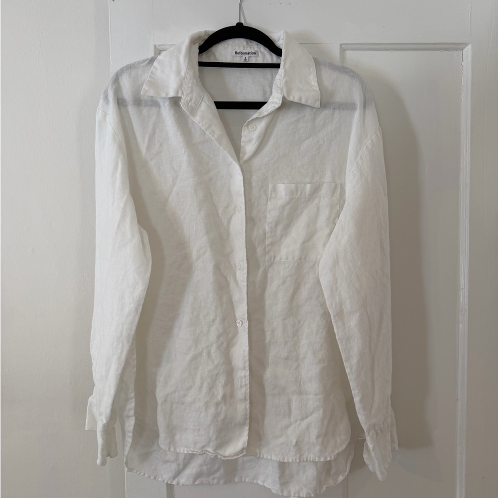 Reformation White Linen Button-Up Shirt